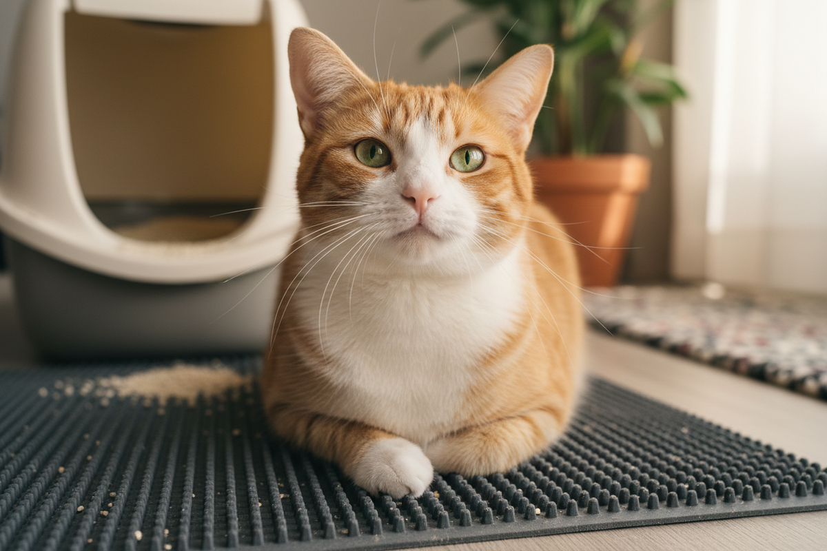 vreau o imagine cu o pisica fericita care sta pe un covoras care capteaza nisipul de pe labele pisicii care iese din litiera. Vreau ca pisica sa aiba viata