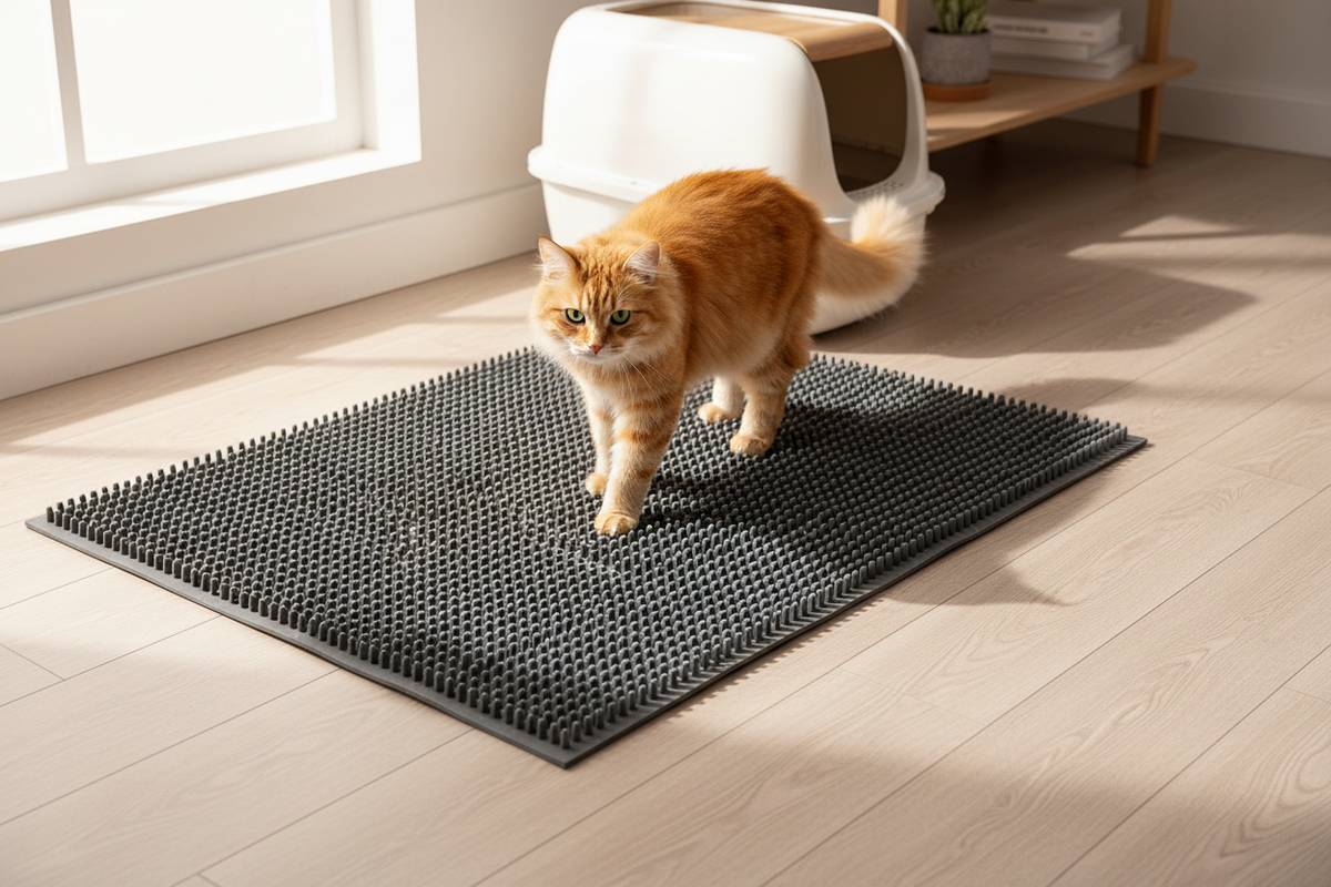 Vreau o poza care sa se bazeze pe reviewul urmator:Am încercat mai multe covorașe până acum și acesta este singurul care chiar a făcut o diferență majoră. Prinde aproape tot nisipul, inclusiv pe cel foarte fin pe care îl folosim noi. Pisica îl acceptă fără nicio problemă, nu alunecă, iar materialul pare de calitate superioară. După două săptămâni de utilizare, zona din jurul litierei este în sfârșit curată. Sunt sincer impresionată.